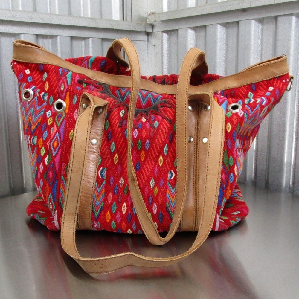 Nena & Co Red Woven Huipil Leather Trim Tote Bag Bohemian Artisan Handbag